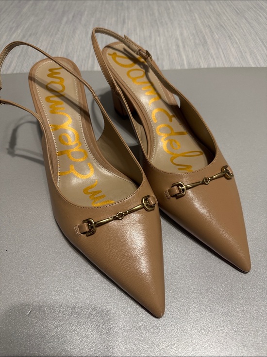 Sam Edelman Shoes - Sam Edelman Waller Slingback Block Heel Pumps Beige Leather Horsebit Sz 10.5
